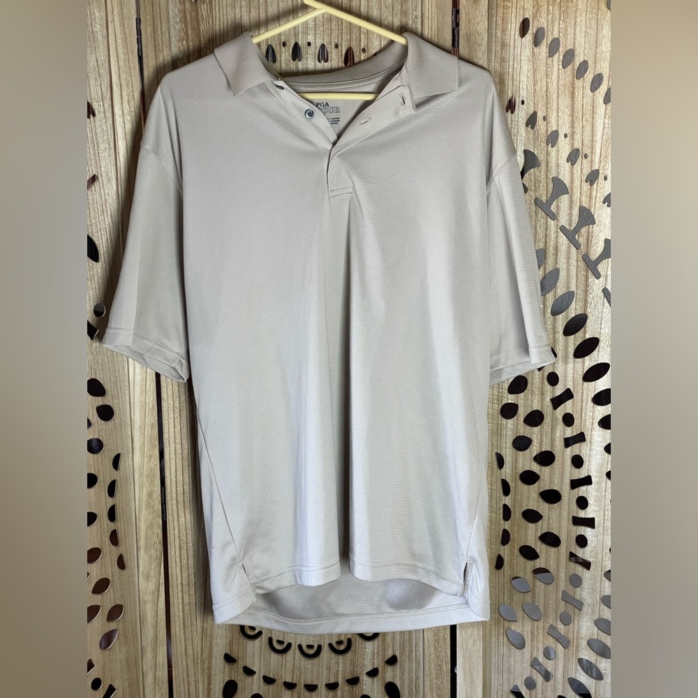 PGA Tour Golf Polo Shirt Men’s Size Large Beige Short Sleeve 100% Polyester